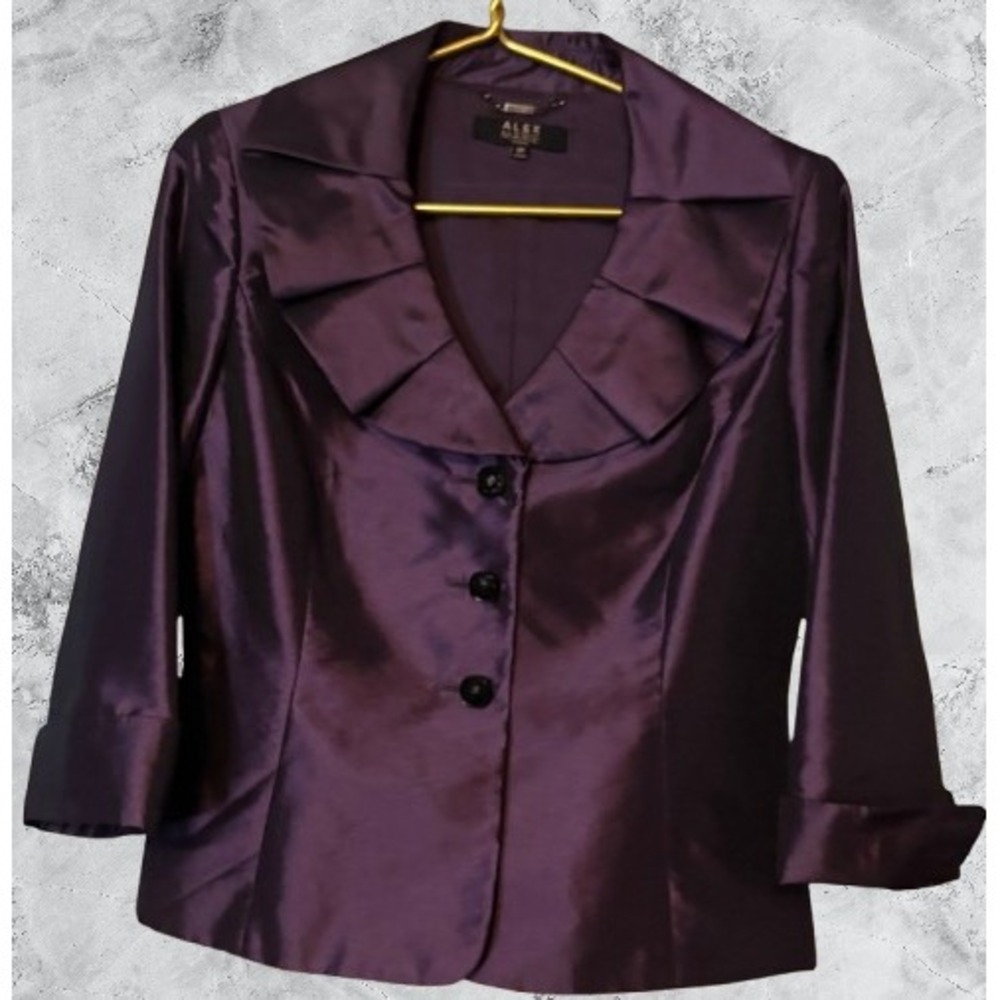 Alex Marie Petite Purple Plum Iridescent Pleated Collar Blazer Jacket 8P